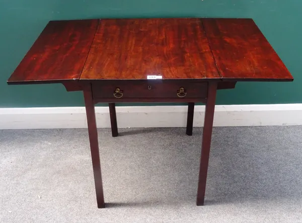 A mid-18th century mahogany drop flap occasional table, with single frieze drawer on canted square supports, 51cm wide ,99cm wide open x 61cm deep x 6