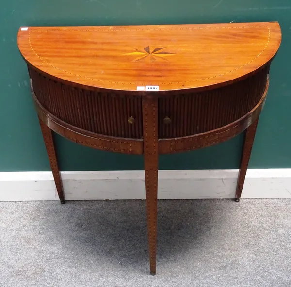 A late 18th century inlaid Dutch mahogany semi-elliptic side table, with pair of tambour panels on tapering square supports, 80cm wide x 77cm high x 4