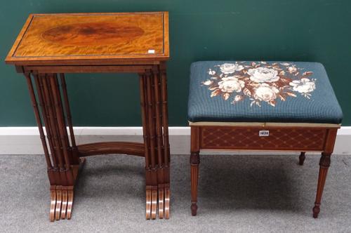 A late 19th century mahogany rectangular lift top piano stool on tapering turned supports, 50cm wide x 52cm high x 53cm deep; together with a nest of