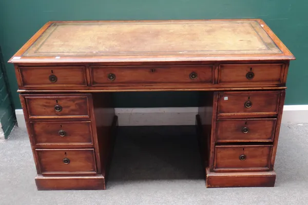 A late 19th century mahogany pedestal desk, with nine drawers about the knee, on plinth base, 139cm wide x 70cm deep x 80cm high.    Note that this de