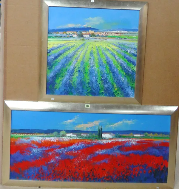 Miguel Torres (20th century), Poppy Field; Lavender field, two, oil on canvas, both signed, the larger 48cm x 108cm.(2)   A4