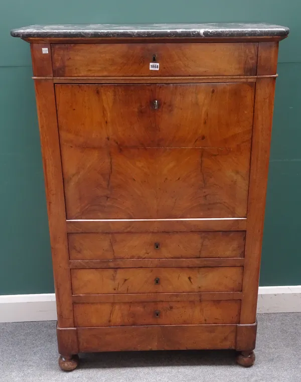 An early 19th century Continental mahogany secretaire a abbatant, the marble top over a single drawer and fall front revealing a fitted interior, over
