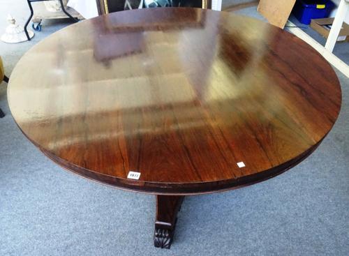 A William IV rosewood centre table, the circular snap top on baluster reeded column and three scroll feet, 135cm diameter x 73cm high.