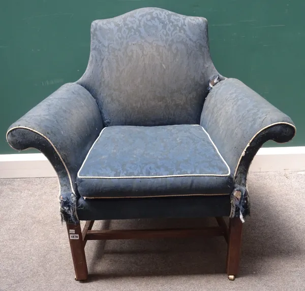 A 18th century and later mahogany framed low back armchair, with outswept arms on block supports, 95cm wide x 91cm high.