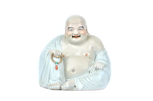 A Chinese porcelain figure of Budai, 20th century, the smiling deity modelled seated clutching a string of beads in his right hand, impressed mark, 27