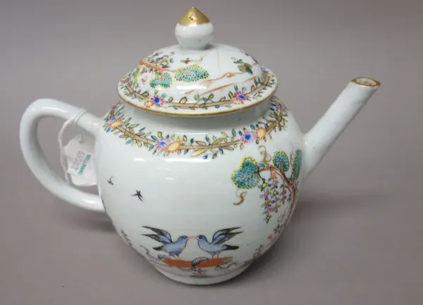 A Chinese export famille-rose bullet-shaped teapot and cover, Qianlong, each side painted with a pair of lovebirds perched on a quiver of arrows, ( co