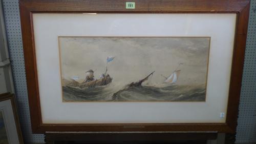 John Francis Salmon (1808-1886), A wreck in a storm at the harbour mouth, watercolour, signed and dated 1871, 24cm x 54cm.   A6