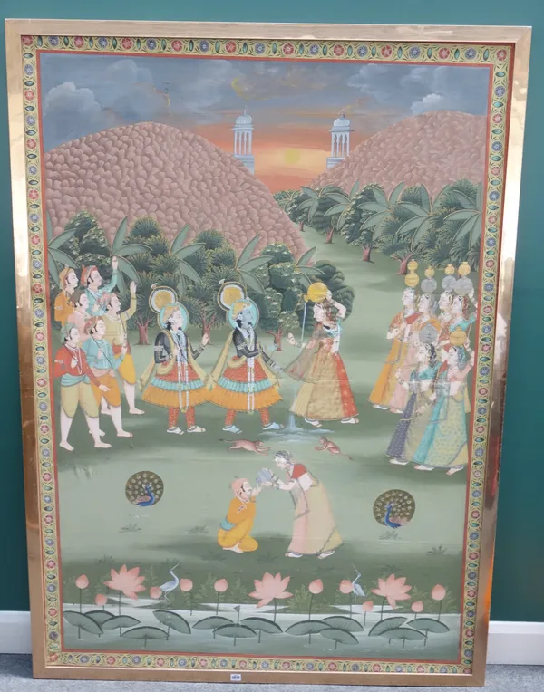A large Indian picchvai, 20th century, gouache on paper laid on board, painted with Krishna and attendants in a landscape, 184 cm by 133cm., framed.