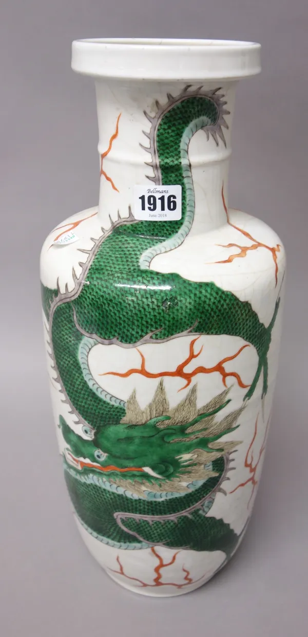 A Chinese famille-verte rouleau vase, 20th century, painted with a writhing green dragon, (a.f), 45cm. high.