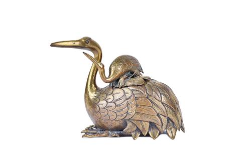 A Chinese gilt-bronze censer and cover, 18th/19th century, in the form of an egret and young, the adult seated with head turned to one side, the young