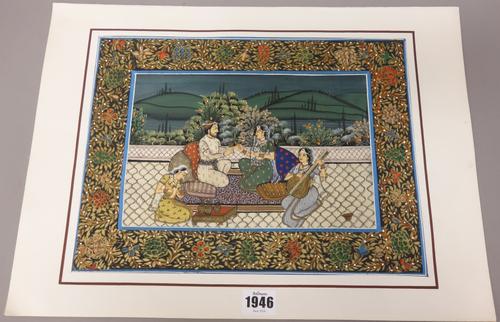 A pair of Indian paintings, 20th century, opaque pigments on silk, one painted with a prince and princess seated with a musician and attendant, the ot