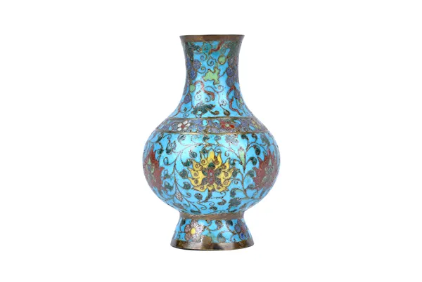 A Chinese cloisonné pear shaped vase, possibly 17th century, enamelled with a band of lotus flowers beneath fruiting vine against a turquoise ground,