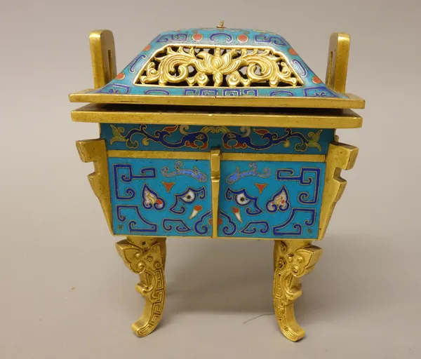 A small Chinese archaistic cloisonné censer, Fangding, of rectangular form, the sides enamelled with taotie masks against a turquoise ground, finial l