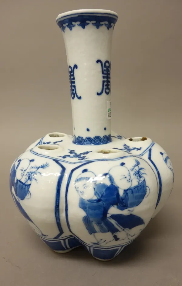 A Chinese blue and white crocus vase, 20th century, the lobed body painted with panels of boys, the neck with shou characters, 21.5cm. high.