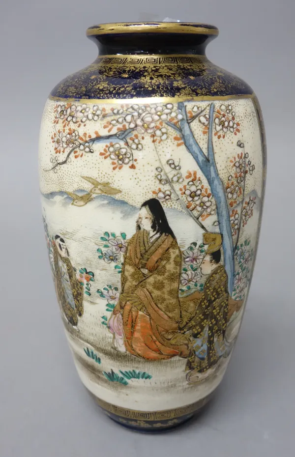 A Japanese Satsuma slender ovoid vase painted with figurative panels, Meiji period, signed, 16cm. high.