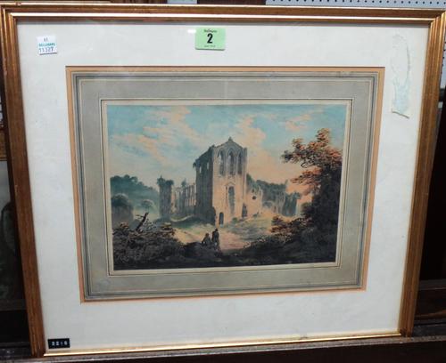 English School (early 19th century), Travellers before a ruined Abbey, watercolour, 18.5cm x 26cm.  M1
