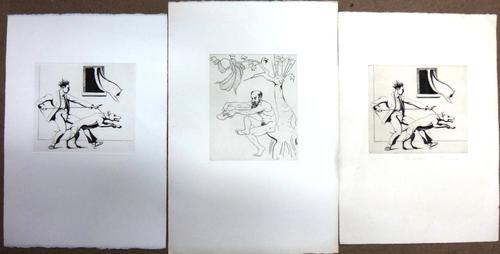 A group of assorted pictures, including three unframed etchings by Francis West, a watercolour of figures on a waterfront, a print after Albert Vargas
