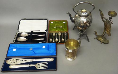 Silver, comprising; six various teaspoons with a case and a salt spoon, combined weight 87 gms and plated wares, comprising; a spirit kettle, with a s