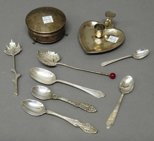 A late Victorian silver heart shaped chamber stick, raised on three bun feet, Birmingham possibly 1893, a silver circular trinket box, raised on three