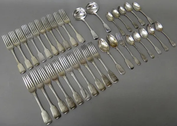 Silver fiddle pattern table flatware, comprising; nine table forks, London 1819, eight table forks, London 1842, three table forks, London 1825, a pai