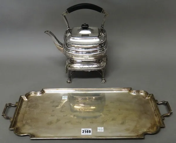 Plated wares, comprising; a shaped rectangular twin handled tray, presentation inscribed, length 54.5cm and a spirit kettle with wooden fittings, with