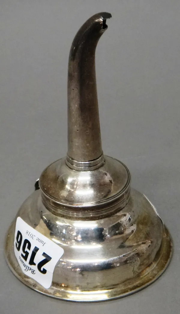 A George III silver wine funnel, decorated with reeded bands, London 1809, maker possibly Moses Brent, weight 84 gms.