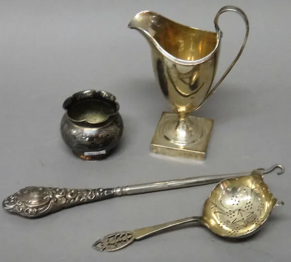 Silver and silver mounted wares, comprising; a George III helmet shaped cream jug, raised on a square foot, maker Peter & Ann Bateman, London 1795, a