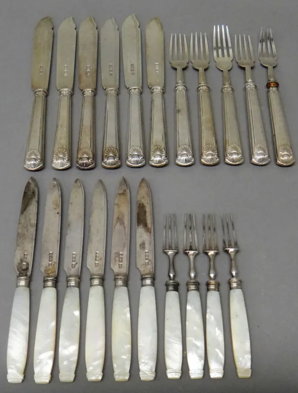 Six silver bladed fish knives, with loaded silver handles, London 1904, five silver pronged fish forks, with loaded silver handles, London 1904, six s