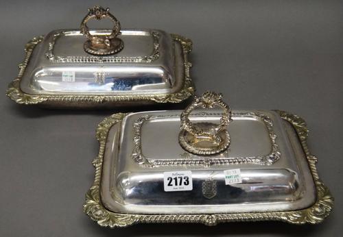 Plated wares, comprising; a set of four shaped rectangular lidded entree dishes, each crest engraved, two composite pairs of lidded entree dishes, two