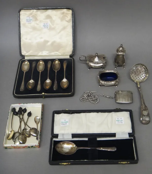 Silver and silver mounted wares, comprising; a sugar sifting spoon, London 1821, a vesta case, a gentleman's watch Albert chain, a three piece condime