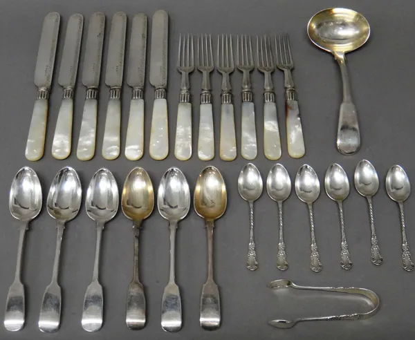 Silver table flatware, comprising; a fiddle pattern sauce ladle, London 1810, a set of six fiddle pattern teaspoons, London 1875, a set of six coffee