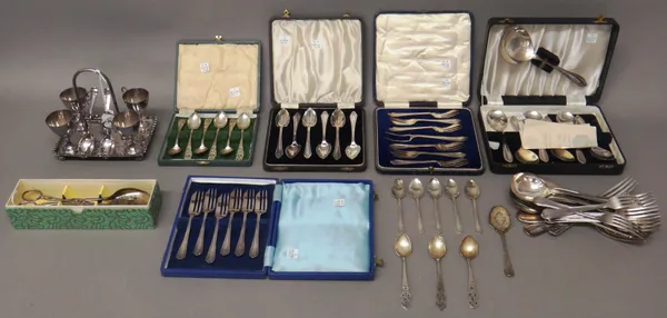 A set of six silver pastry forks and a matching serving fork, Sheffield   1926, with a case, a silver preserve spoon, with engraved decoration, Sheffi