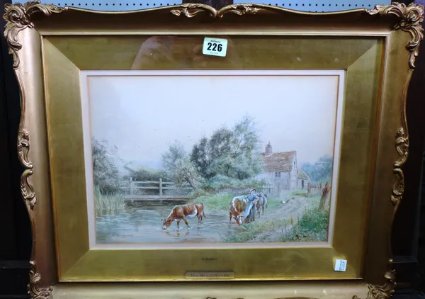Henry Murray (fl.1850-1860), Cattle watering, with farm girl, watercolour, signed, 25cm x 34cm.  A6