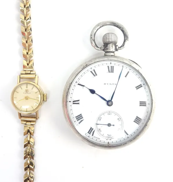 A Tissot 9ct gold circular cased lady's wristwatch, the signed silvered dial with gilt baton shaped numerals, the case Birmingham 1960, on a 9ct gold