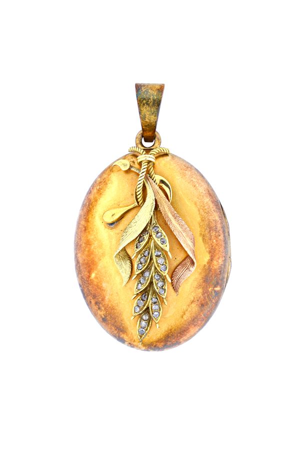 A gold and rose diamond set oval pendant locket, the applied two colour gold front formed as a spray motif, gross weight 21.5 gms. Illustrated