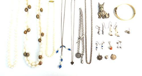 A gilt metal oval hinged bangle, on a snap clasp, four pendants and charms, a brooch designed as a dog, detailed SILVER, five pairs of earrings, a sil