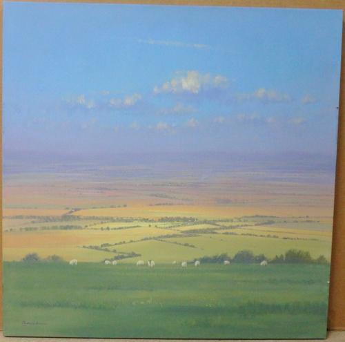 Christopher Osborne (b.1947), Skylark singing in the South Downs, oil on canvas, signed, inscribed on reverse, unframed, 76cm x 76cm.    L1