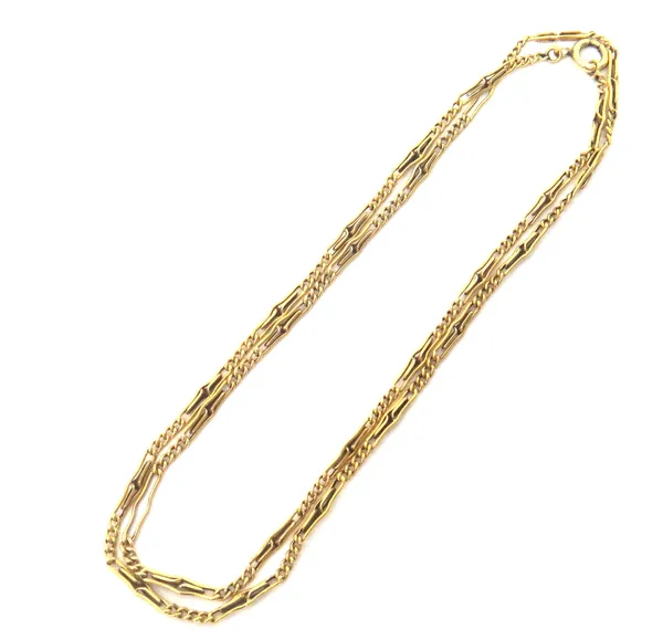 A gold curb and decorated bar link long chain, fitted with a bolt ring clasp, weight 13.4gms.