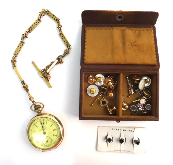 An American Waltham gilt metal cased, keyless wind, openfaced gentleman's pocket watch, with a gilt metal watch Albert chain, two stick pins, two pair