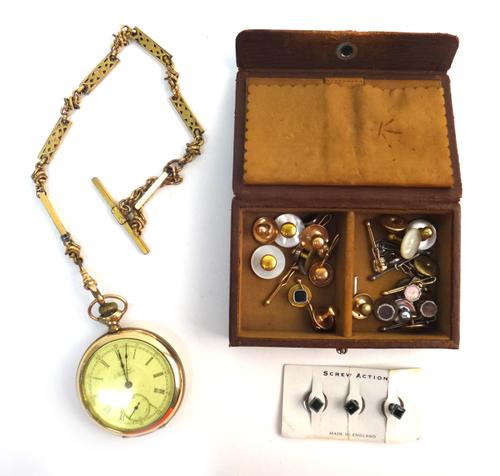 An American Waltham gilt metal cased, keyless wind, openfaced gentleman's pocket watch, with a gilt metal watch Albert chain, two stick pins, two pair
