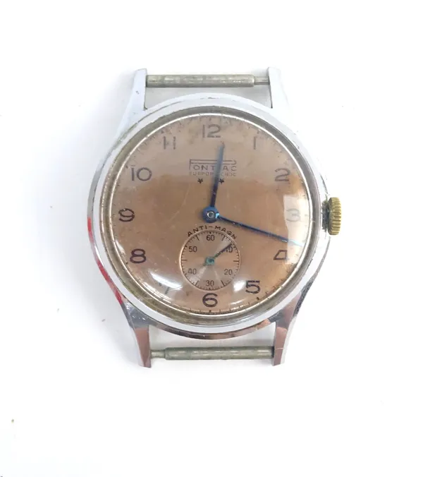 A Pontiac Support-Choc steel backed chrome plated metal fronted gentleman's wristwatch, the signed pale bronze coloured dial with black Arabic numeral