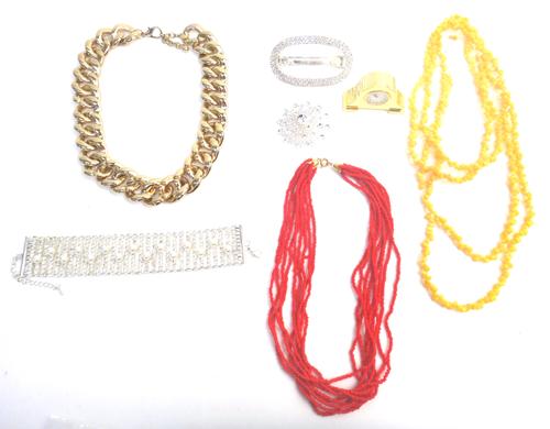 A collection of costume jewellery, including bead and other necklaces, earrings and two small gilt clocks. (qty)