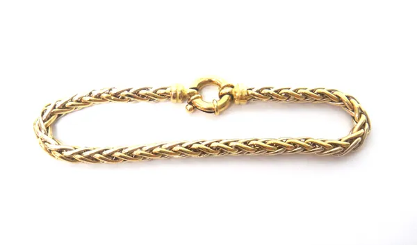 A two colour gold bracelet, in a woven link design, detailed 750 Italy, on a bolt ring clasp, length 19cm, weight 10gms.