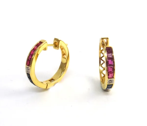 A pair of gold, diamond, sapphire and ruby earrings, each of circular form, mounted with a circular cut diamond to the centre of the front and with a