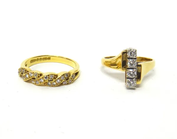 A gold and diamond set four stone ring, mounted with a row of four circular cut diamonds, detailed 18 CT, ring size L and a half and an 18ct gold and