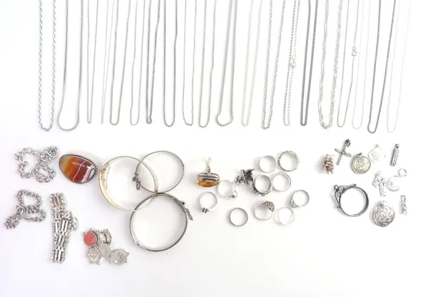 Mostly silver jewellery, comprising; three oval hinged bangles, four bracelets, ten pendants and charms, an agate set brooch, twenty necklaces and nec