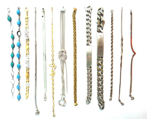 Mostly silver jewellery, comprising; twenty rings, a charm bracelet, fourteen further bracelets, a bangle, a pair of filigree earclips, three brooches