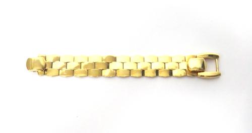 A gold bracelet, in a three row curved panel shaped link design, with a foldover clasp, detailed 18 KT Italy, length 17cm, gross weight 44 gms.