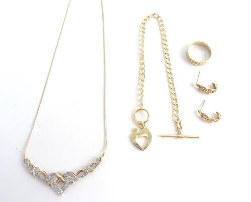 A 9ct gold and diamond set necklace, the front with an open heart shaped motif, a 9ct gold curb bracelet, with a pendant, a pair of 9ct gold earrings,