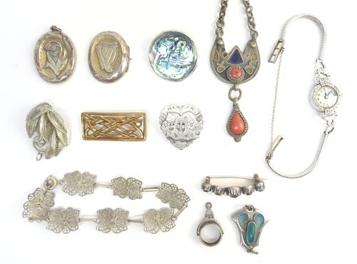 A lady's platinum cased and diamond set dress wristwatch, on a 9ct white gold cord link bracelet, with a foldover clasp, a plique a jour enamelled Art